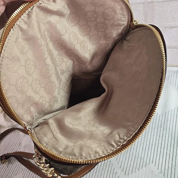 Michael Kors Signature Fold over Brown Leather Shoulder Bag Handbag w/ Tassell - Picture 10 of 13